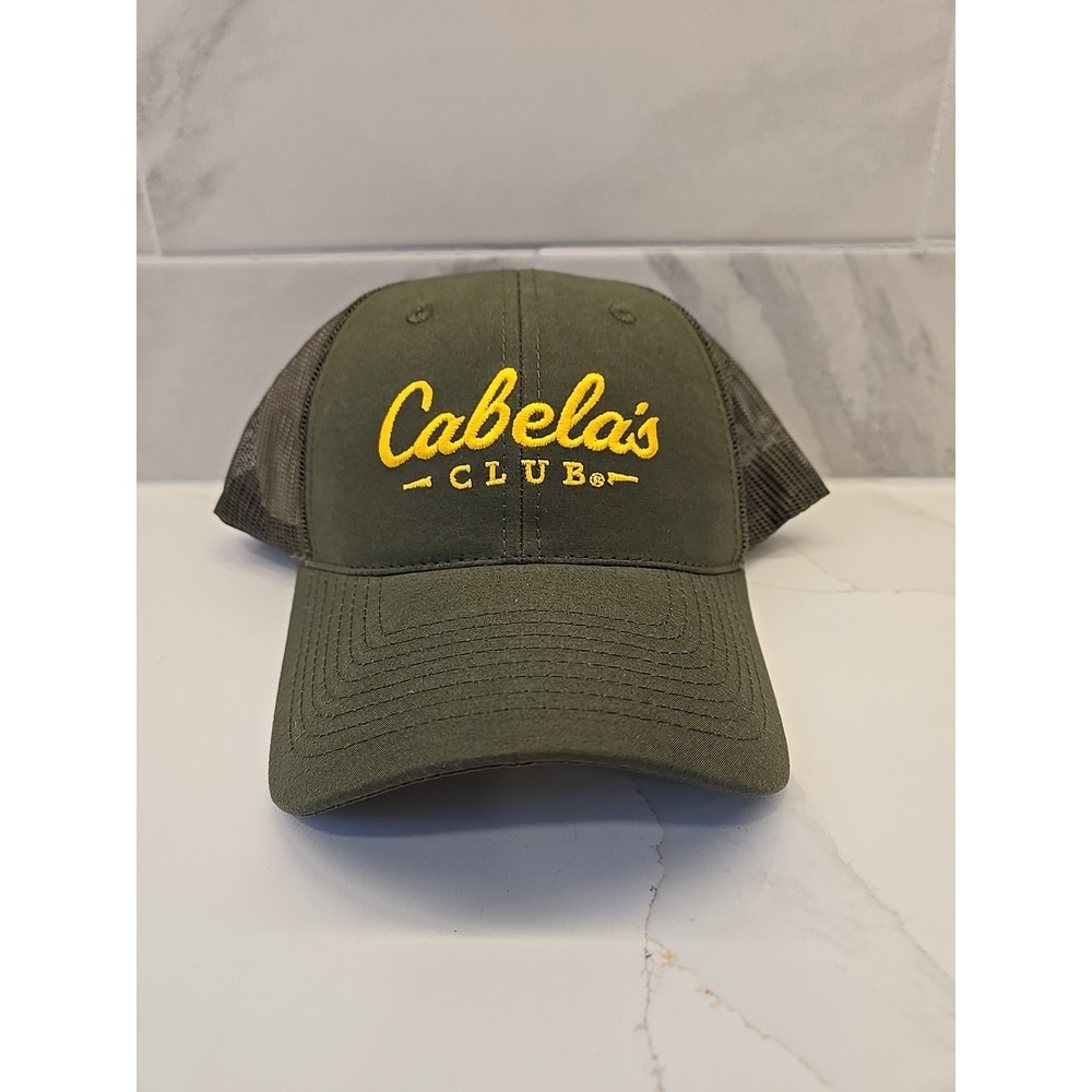 Cabelas Club Mens Baseball Cap Hat Net Back Olive Green Yellow Adjustable NEW - Picture 1 of 5